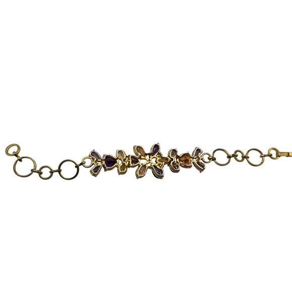 Gold-tone Floral Bracelet With Purple & Amber-color Rhinestones - Picture 4 of 7